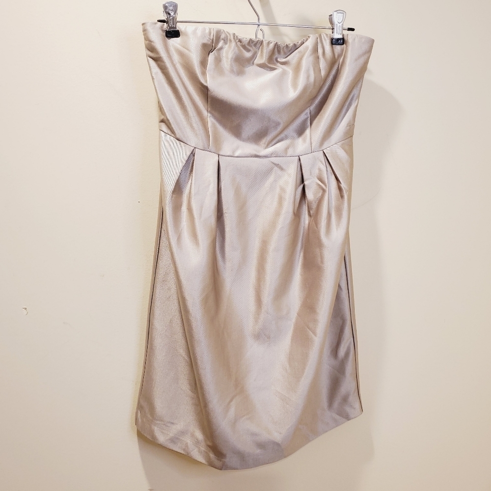 THEME women's beige metallic Strapless mini pencil party cocktail  dress…